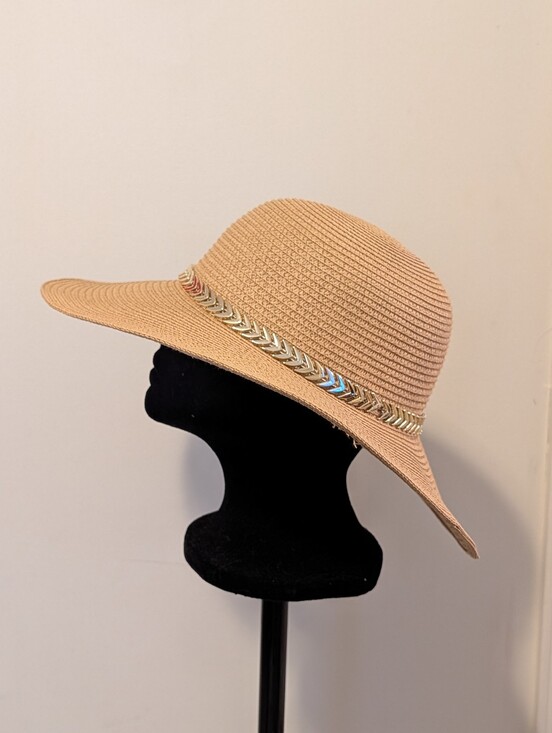 Accessories - Wide Brim Straw Sun Hat with Metallic Leaf Band - Beige